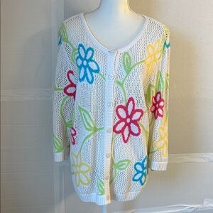 CJ Banks Womens 3/4 Sleeve Button Down Crocheted Knit Floral Cardigan. Sz 1X